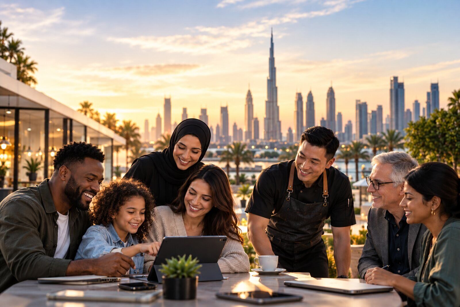 A family, a business owner and neighbours around one table at sunset, looking together at a tablet.